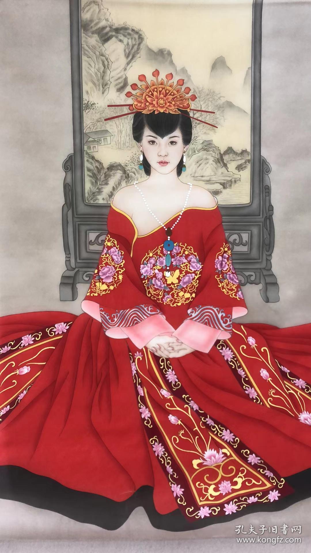 张冬蕊,可合影, 工笔 仕女图 精品(中国红)绢本_国画_孔夫子旧书网