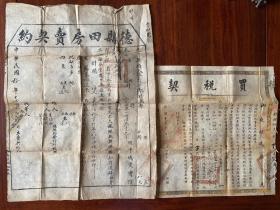 稀见，民国《山东财政厅买税契》《德县田房买卖契约》两联一张，挺漂亮的，带编号的，每张通元五枚，山东省德州市。