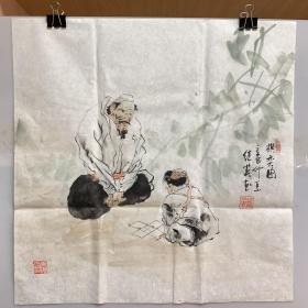 傅继英国画斗方 棋弈图