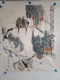 四川书画家 李光伟 水墨手绘花鸟画 大斗方一副，四川著名书法家 洪志存题跋 尺寸96x78 包真包手绘