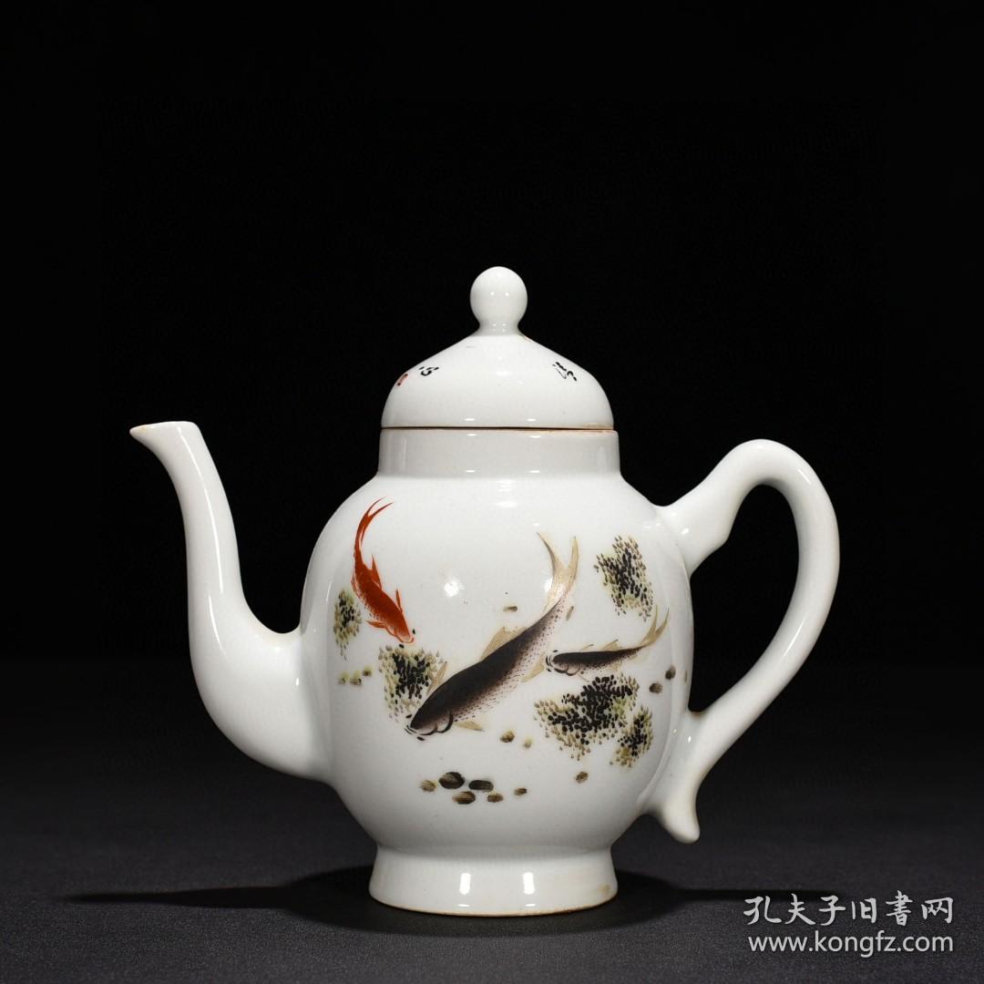 民国瓷器精品老货收藏 民国珠山八友邓碧珊粉彩鱼乐图壶