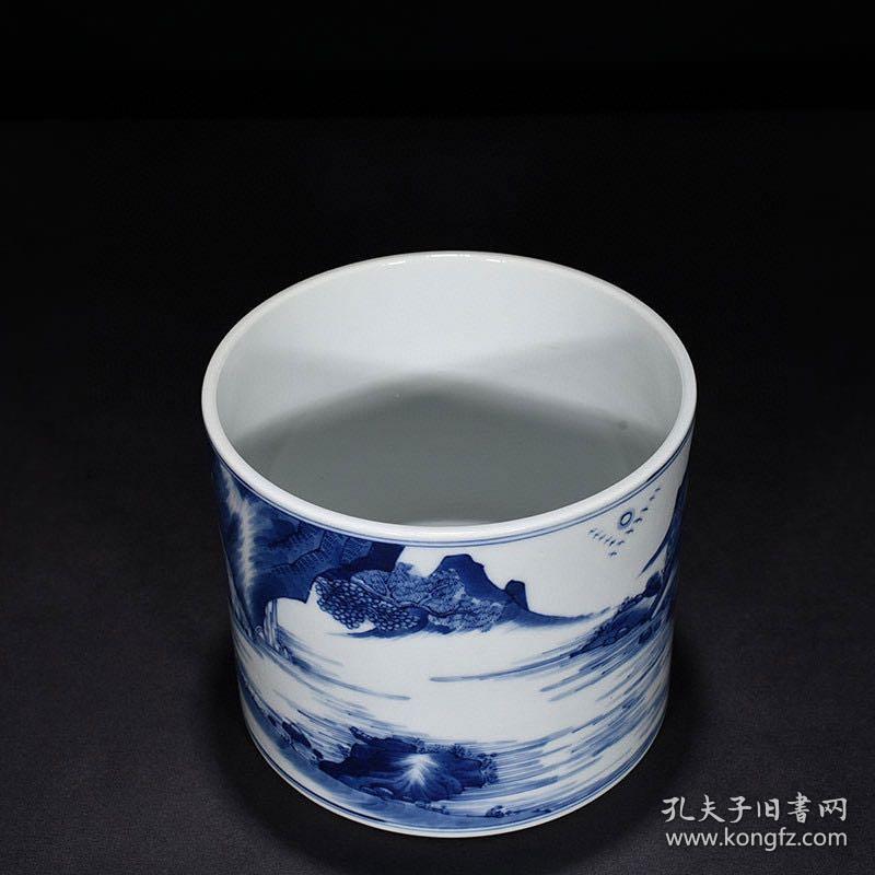 清康熙文章山斗款青花山水人物纹笔筒   古董古玩古瓷器老货收藏品