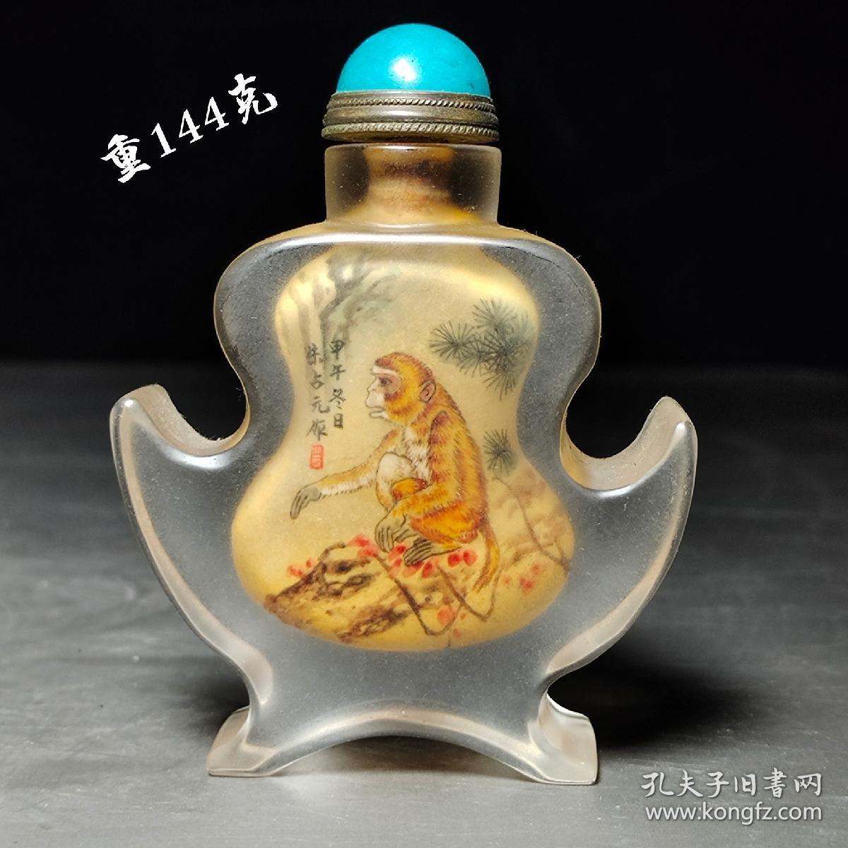 旧藏朱占元作,手绘趣味猴鼻烟壶.