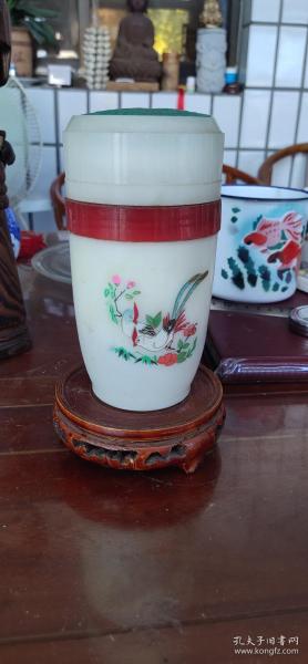60年代孟州牌彩繪花鳥保溫杯一個，綬帶鳥牡丹花，富貴長壽，河南孟縣玻璃制品廠出品，完整，輕微劃痕。