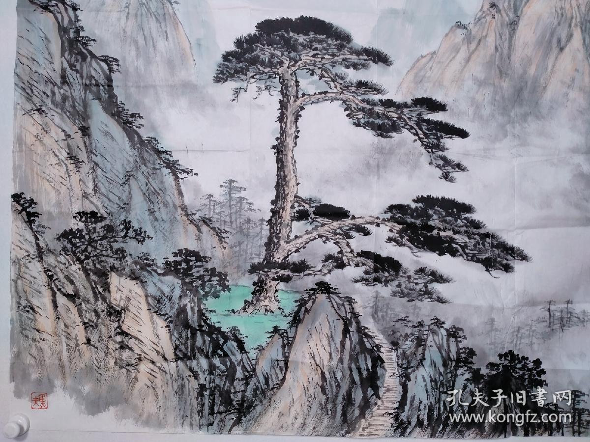 保真书画,中国著名画家,蓝国生六尺整纸山水画作《黄山迎客松》一幅