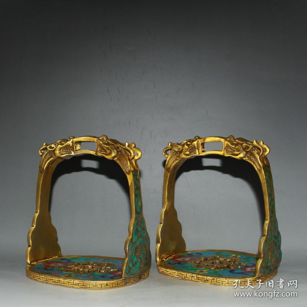 早期收藏黄铜鎏金景泰蓝马蹬摆件做工精细品相如图尺寸1311151717克