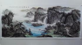 保真书画，陕西名家，朱满林大幅山水画《忆江南》一幅，纸本托片，尺寸96.5×240cm。