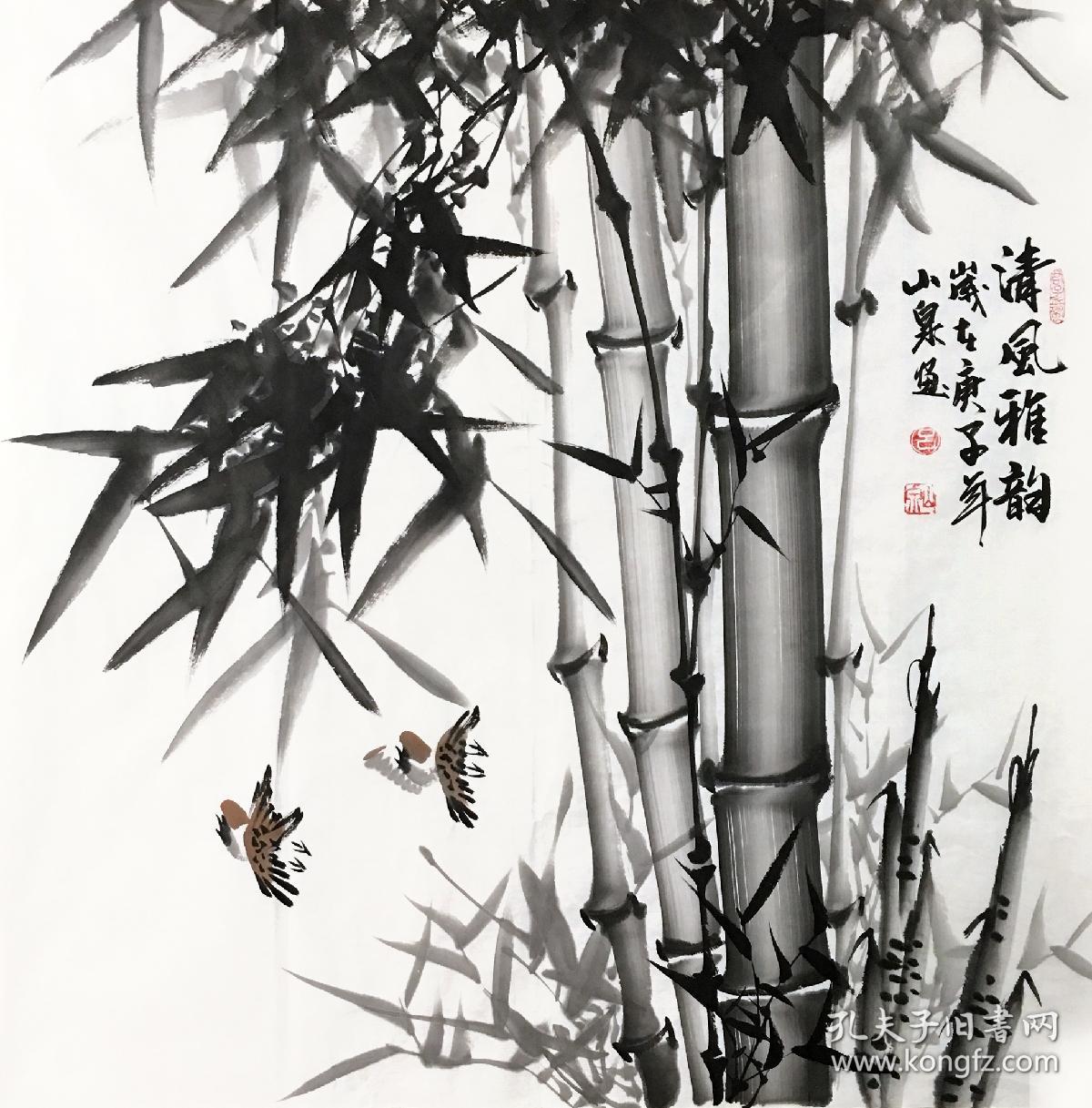 吕山泉可合影竹子麻雀斗方