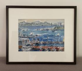 日本著名艺术家伊奈正彦水彩画作品【渔港风景】额装