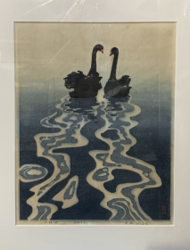 安琳水印木刻版画《天鹅湖》•33/100•1982年