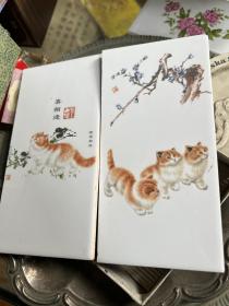 瓷板画 猫 喜相逢  晓露新妆