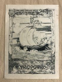 杰西金藏书票：《乘帆船的姑娘》 苏格兰著名女插画家杰西金新艺术精品之作，Jessie M. King藏书票一枚.