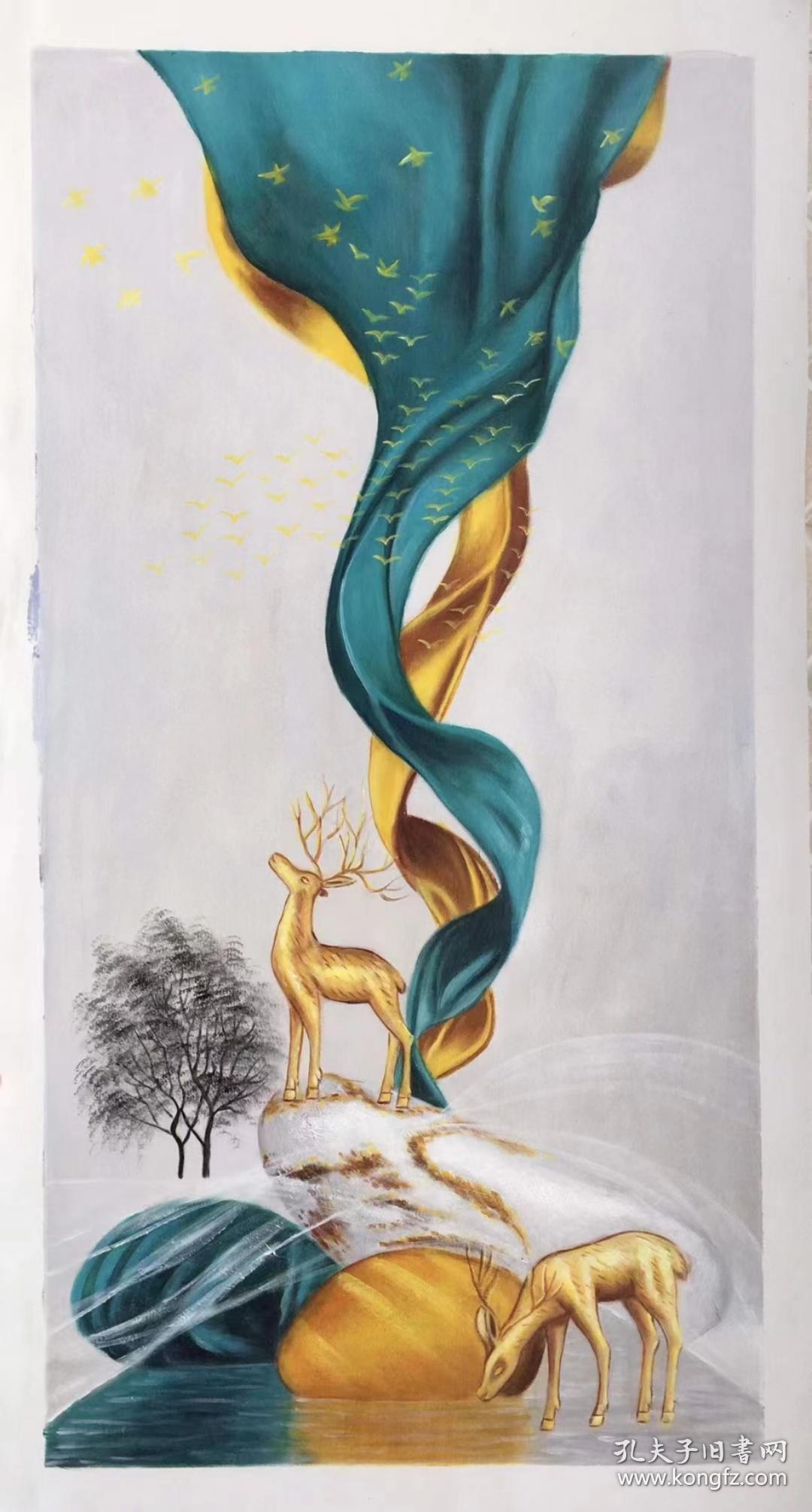 油画 发财鹿,60*120