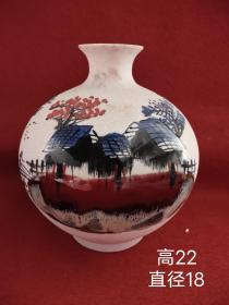 手繪粉彩山水風景瓶，品相完整，畫工漂亮，器型規整，
