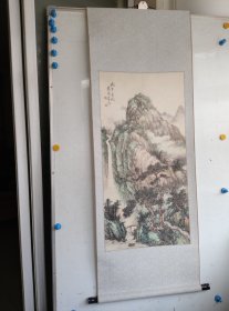 约八九十年代，豫璇水墨手绘山水画一副 立轴旧裱，作者不识，画心尺寸90x45厘米 包老包手绘