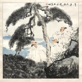 广东丰顺籍画家羊草的四尺斗方山水人物图。