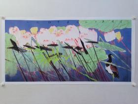 保真书画，黑龙江画院特聘研究员，当代彩墨优秀画家，刘正波精美花鸟画一幅，纸本托片，尺寸62.5×128cm，带作者合影