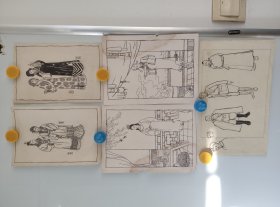 约八九十年代，铅笔线描人物画插图5张，无款作者不详，每页尺寸约25x15厘米，包老包手绘