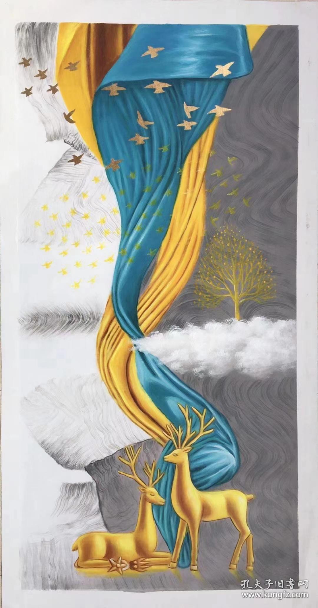 油画 发财鹿,60*120