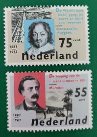 530 荷兰邮票 1987年荷兰文学家 散文作家戴克 诗人作曲家惠更斯 2全新