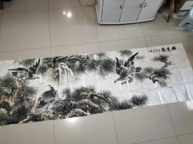 四川著名书画家 张昌炜（张逸鸿）两张6尺整纸拼接国画 松鹰横幅，巨幅大尺寸360x96 保真包手绘