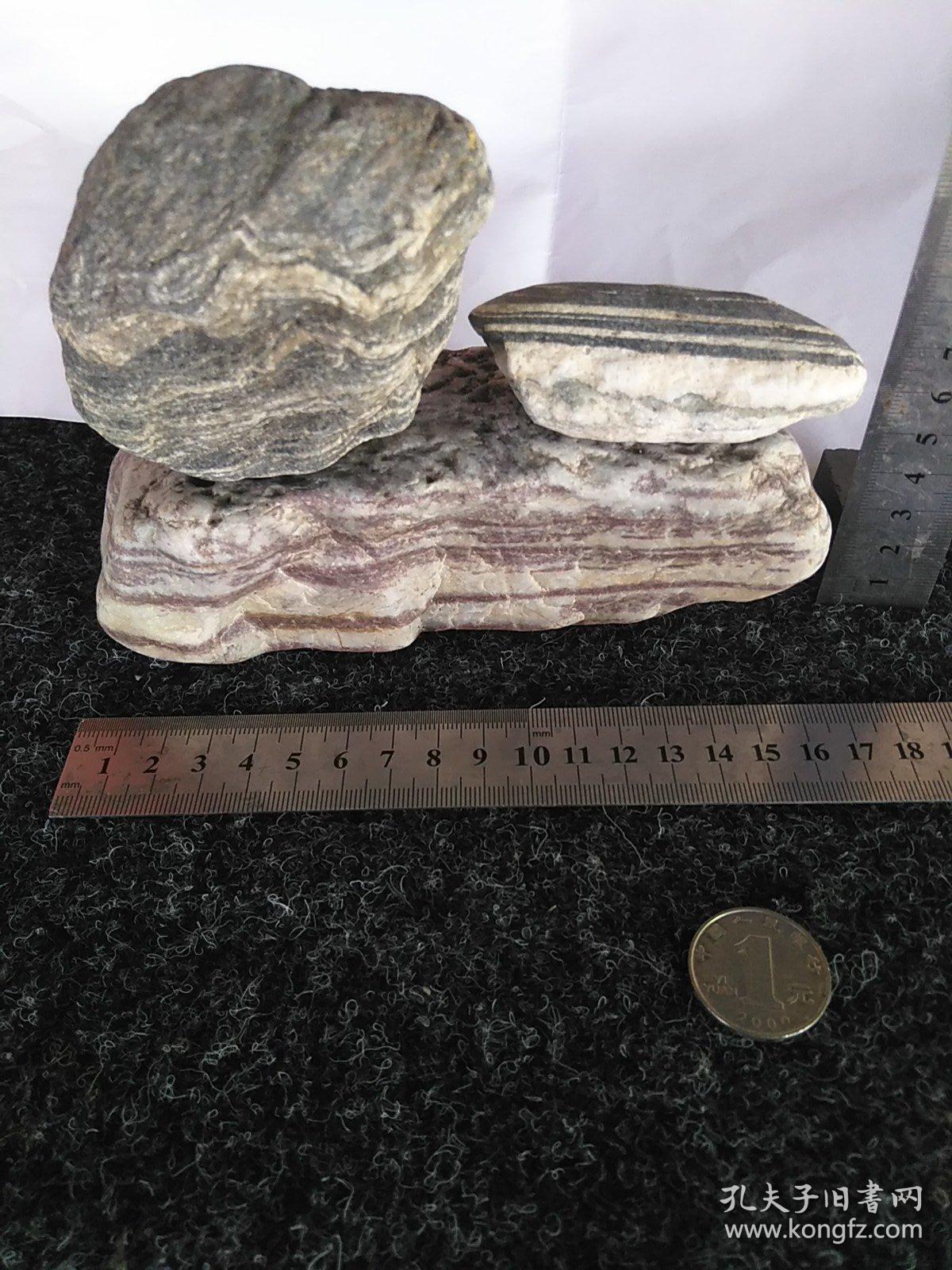 文案陈赏奇石涪江丹景石与条纹石组合摆件三块奇石合售