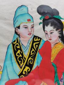 1963年杨柳青木版年画手绘套色版画原作《西厢记》红娘与张生，色彩明艳，绘制细腻生动，中国传统韵味浓厚