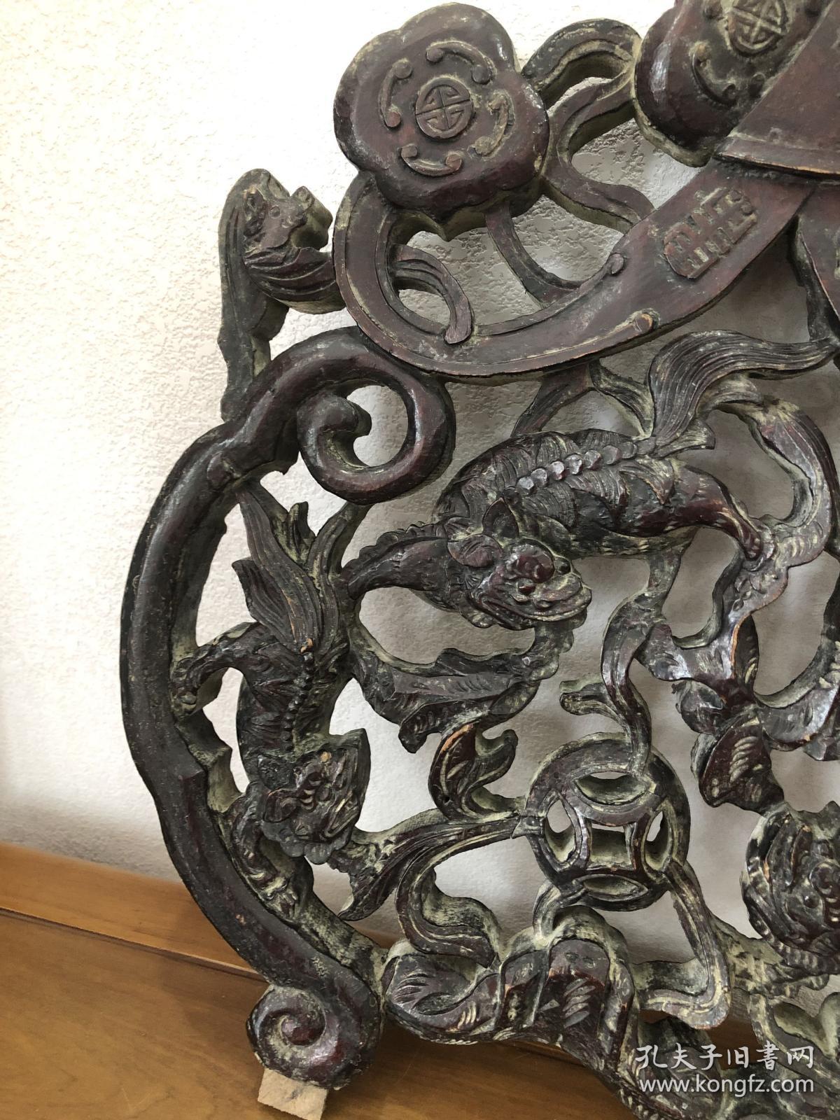 老木雕背板民国福寿三狮戏球镂空木雕樟木木雕老花板