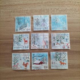 外国邮票 日本信销邮票雪景 9枚（面值84）（货号：乙22-3）