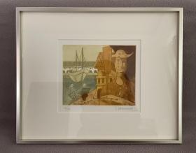 西班牙著名艺术家JUAN HERNANDEZ（1944-  ）铜版画作品【港口的风景】限定99部 带艺术家亲笔签名证书 金属画框