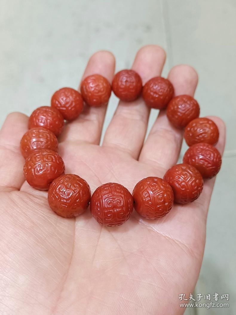 明清代老南红玛瑙满柿子红精雕勾连云纹赤珠佛珠手串
