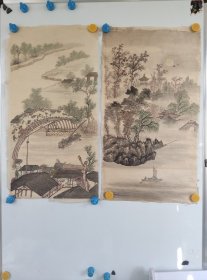 约七八十年代，无款绢本手绘山水画2副，应该是原装裱损坏揭下来的，画工精湛，品相稍差，两幅合售，每张尺寸65x36㎝