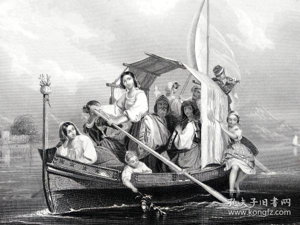 1845年鋼版畫，《一次愉快的駕舟遠足活動》 (THE EXCURSION  )--出自佩恩版畫集，紙張尺寸26.5*20cm，小水痕8品。