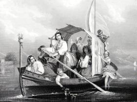 1845年鋼版畫，《一次愉快的駕舟遠足活動》 (THE EXCURSION  )--出自佩恩版畫集，紙張尺寸26.5*20cm，小水痕8品。