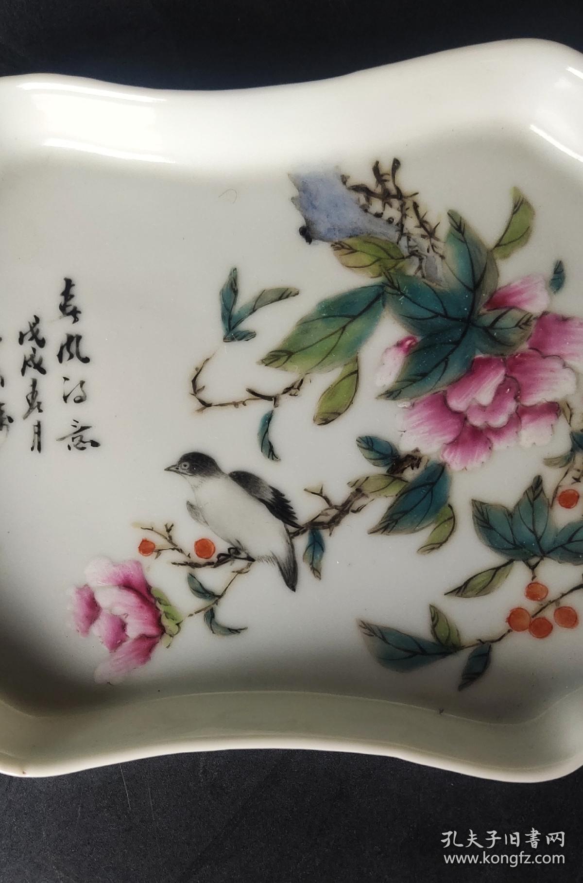 民国瓷器珠山八友珠山八友瓷器弟子毕伯涛花鸟画盘,文人用品,文房四宝