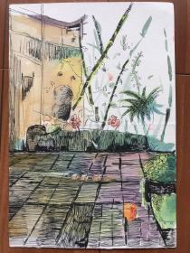 钢笔水彩画，出版物插图，小的8开