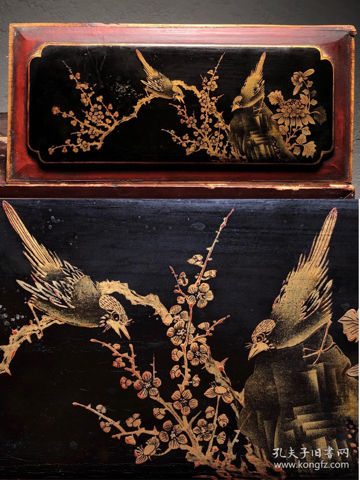 清代描金鹤鹿同春双福木雕