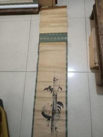 清代 日本狩野派名家 狩野养信 竹鸡图条幅，尺寸95*27cm