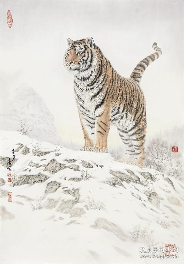 艺术微喷复制画唐坚国画老虎工笔画临摹画稿水墨画竖幅宣纸