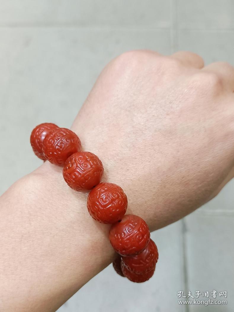 明清代老南红玛瑙满柿子红精雕勾连云纹赤珠佛珠手串