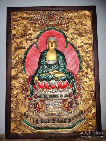 旧藏西藏木框漆器彩绘唐卡佛像  如来佛祖一尊 恭请供奉家居装饰挂画 
高1米05长73厘米厚3.5厘米，重19斤，