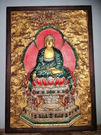 旧藏西藏木框漆器彩绘唐卡佛像  如来佛祖一尊 恭请供奉家居装饰挂画 
高1米05长73厘米厚3.5厘米，重19斤，