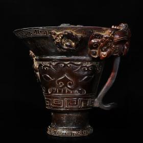 舊藏牛角雕刻獸紋螭龍杯擺件，長16厘米寬12.5厘米高14厘米，重731克   6g