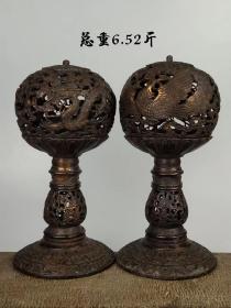 舊藏 純銅 龍鳳薰香燈爐一對，完整無破損，尺寸重量如圖！