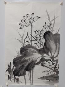 右下边缘处有几个小裂，纯手绘国画作品字画书画条幅 寓意好画工精湛品相佳   纯手绘荷花图