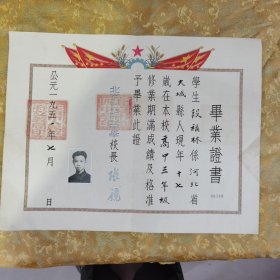 北京市第四中学毕业证书，1951年品相好完整，以图为准，保真保老，