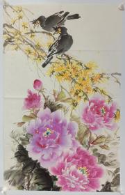已发黄并有黄斑点，曾经裁剪国。无款  纯手绘国画作品书画水墨画牡丹画精品字画条幅写意花鸟画