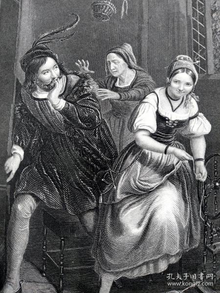 1845年鋼版畫，《盲媽媽要收拾這兩個偷懶調情的家伙》(THE BLIND MOTHER)--出自佩恩版畫集，紙張尺寸26.5*20cm，有淡水痕，7品。