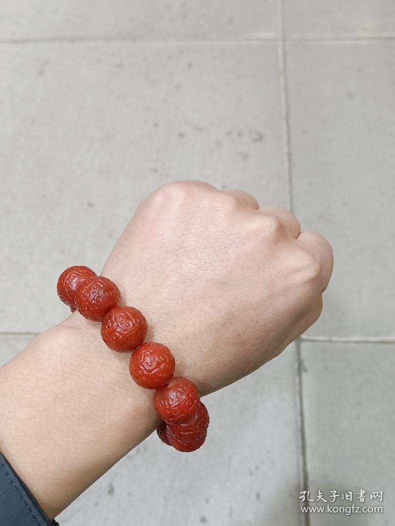 明清代老南红玛瑙满柿子红精雕勾连云纹赤珠佛珠手串