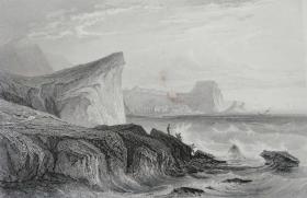 1845年鋼版畫，《西西里島 的“錫拉”和“卡里巴斯”海峽風高浪急》(SCYLLA AND CHARYBDIS,SICILY)--出自佩恩版畫集，紙張尺寸26.5*20cm，水痕瑕疵，7品。
